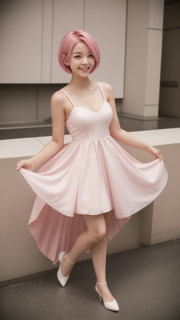 masterpiece, 最high quality, 18 year old girl,Pink Hair ,short hair,alone, ,Facing forward,Looking forward,smile,Smile,high quality,White Mini Dress