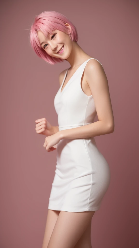 masterpiece, 最high quality, 18 year old girl,Pink Hair ,short hair,alone, ,Facing forward,Looking forward,smile,Smile,high quality,White Mini Dress