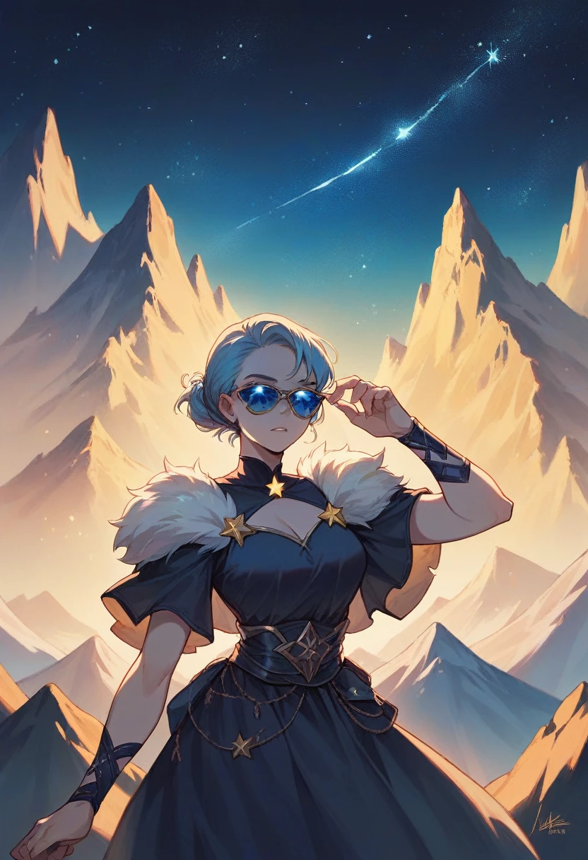 Night reality starry sky, dark blue with light blue shades, yellow stars, moonlight, shadows of mountains or buildings are visible on the horizon