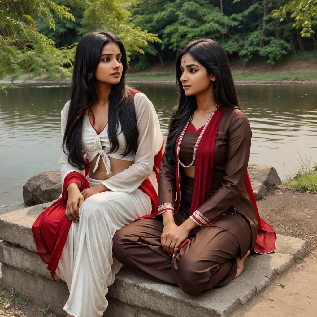 In evening time, Indian brown girl (single girl) age of 21 with black tied hair in red suit and white  salwar with red dupatta sitting down tree on the bank of river meeting with simple looking boy of 21 yr