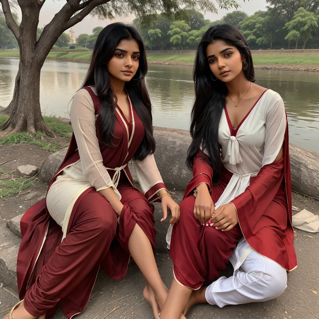 In evening time, Indian brown girl (single girl) age of 21 with black tied hair in red suit and white  salwar with red dupatta sitting down tree on the bank of river meeting with simple looking boy of 21 yr