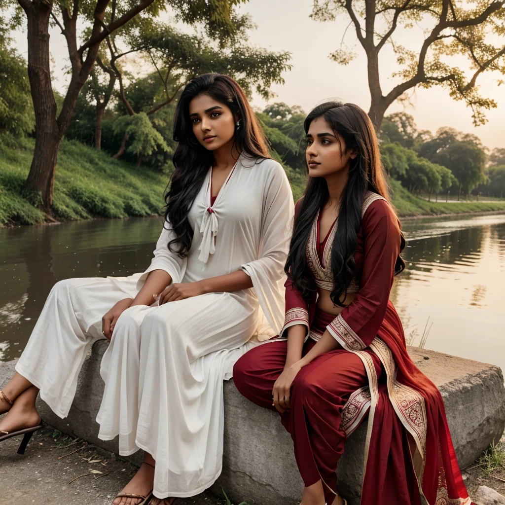 In evening time, Indian brown girl (single girl) age of 21 with black tied hair in red suit and white salwar with red dupatta sitting down tree on the bank of river meeting with simple looking boy of 21 yr