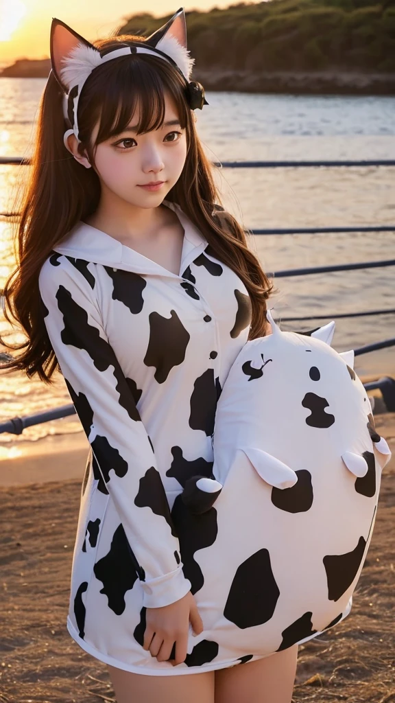 high school girl, (cow pattern suit:1.3), (Cat ears:1.3),  (Holding Big cat:1.3), sundown seashore,