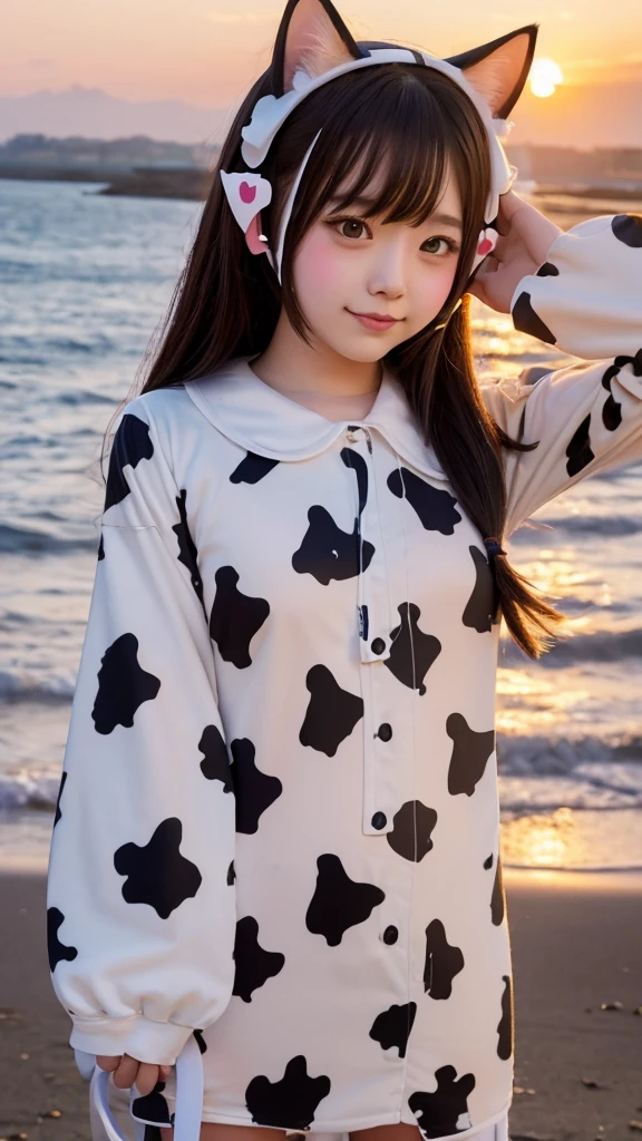 high school girl, (cow pattern suit:1.3), (Cat ears:1.3), (Holding Big cat:1.3), sundown seashore,