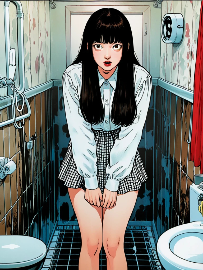 illust、art、from 80s horror movie, directed by Junji Ito、Dim bathroom、The process of a woman's body changing into a merman、A woman with a scared expression、Overaction、Overreaction、Acting frightened、high detail, realsitic shadow、Analog style, vhs style, 8mm film, chromatic aberration, Dvd screengrab、Blue and yellow gradient