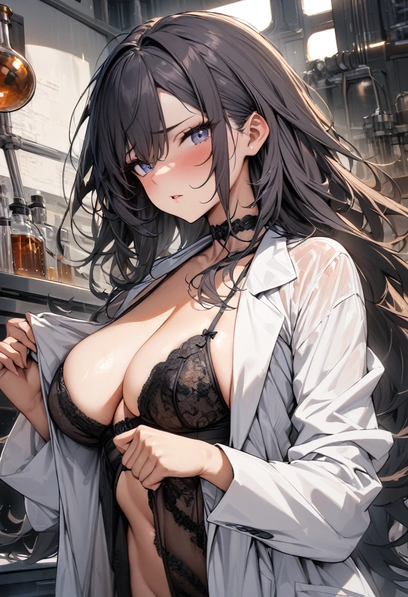 (masterpiece:1.2),(best quality:1.2),(masterpiece, best quality, ultra-high resolution), (1girl),, Mad scientist, ((lab coat)), lingerie, long hair, sensual look