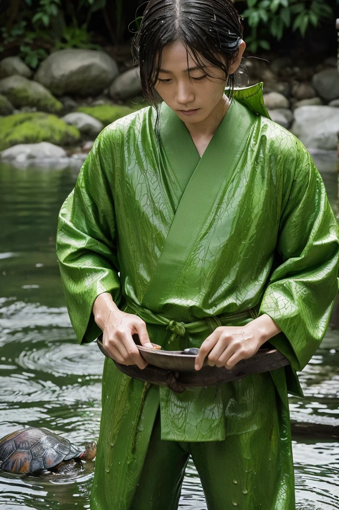 Japanese Yokai、Kappa、Green Skin、Carrying a turtle shell on his back、Dishes on the head、Wet hair surrounds it、There are webs on the hands and feet、Has sharp claws、The background is Japanese rivers and ponds、Overall realistic texture、Carefully drawn down to the last detail、Blending into the natural landscape