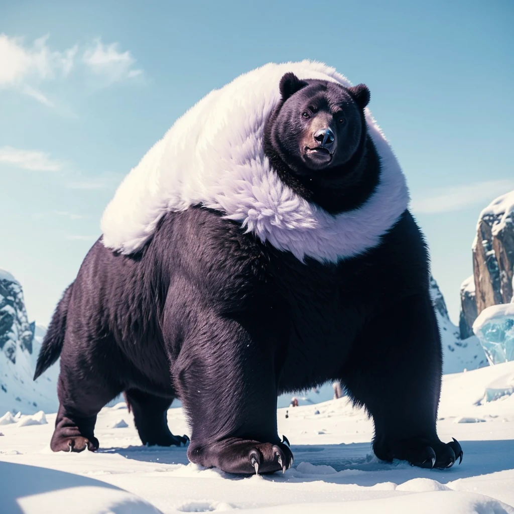 Big Animaly, has purple stripes on his skin, (has long fangs), his body is shaped like a big Bears but his face is like a penguin, Grassroots, Ice background