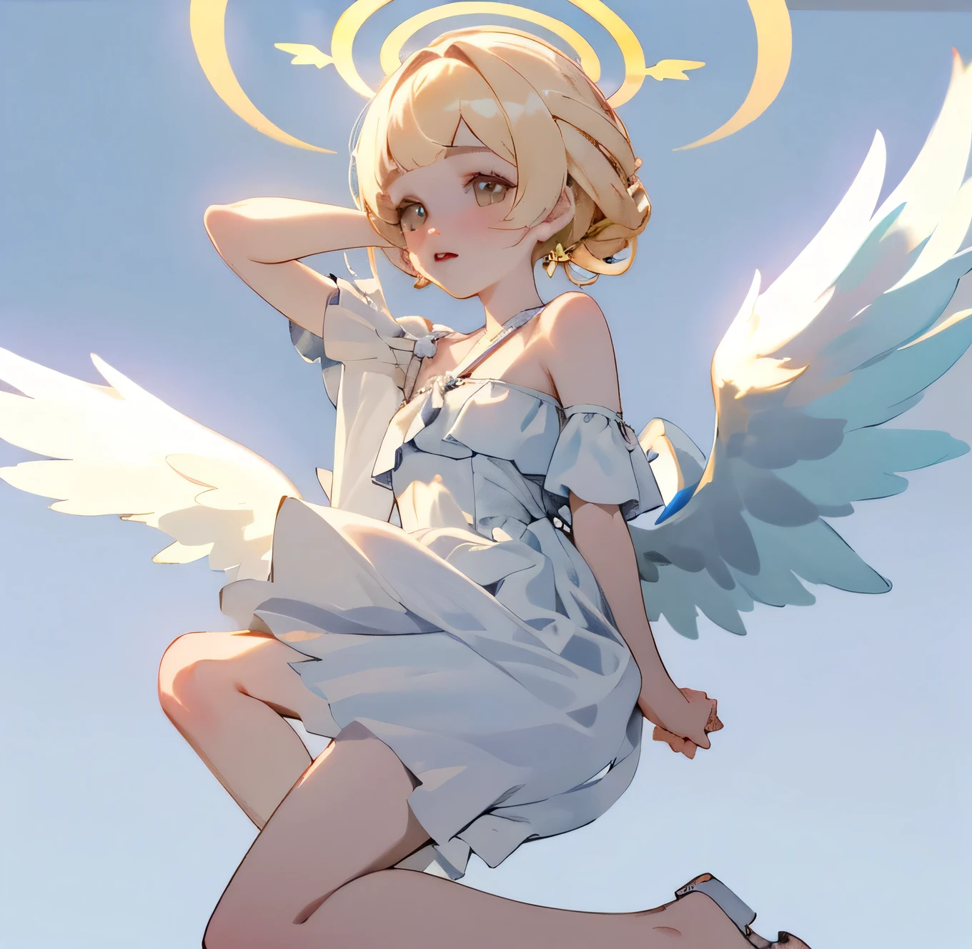 (high quality) (best quality) (a woman) (correct physiognomy) Woman, white hair with bangs on her forehead, four small angel wings coming out of her head, two on the left side and two on the right side, two angel wings coming out of her back, a golden halo behind her head, golden eyes, tender lips, middle age, white dress with straps on the shoulders, skirt cut diagonally leaving one leg exposed, location of the photo the woman must be in middle of the forest, photo lighting sunlight, full body proportion, showing in the photo the body from head to torso