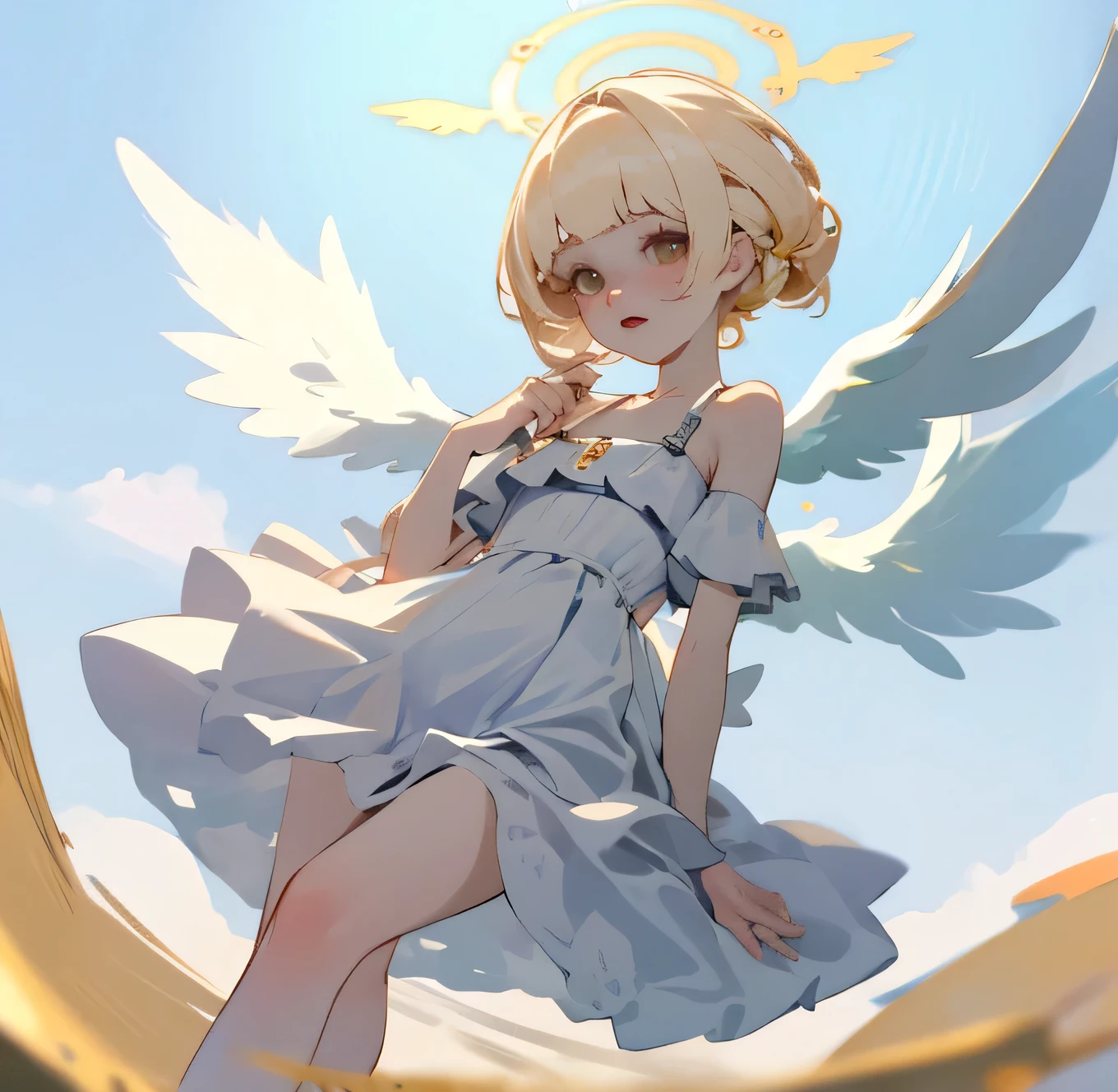 (high quality) (best quality) (a woman) (correct physiognomy) Woman, white hair with bangs on her forehead, four small angel wings coming out of her head, two on the left side and two on the right side, two angel wings coming out of her back, a golden halo behind her head, golden eyes, tender lips, middle age, white dress with straps on the shoulders, skirt cut diagonally leaving one leg exposed, location of the photo the woman must be in middle of the forest, photo lighting sunlight, full body proportion, showing in the photo the body from head to torso