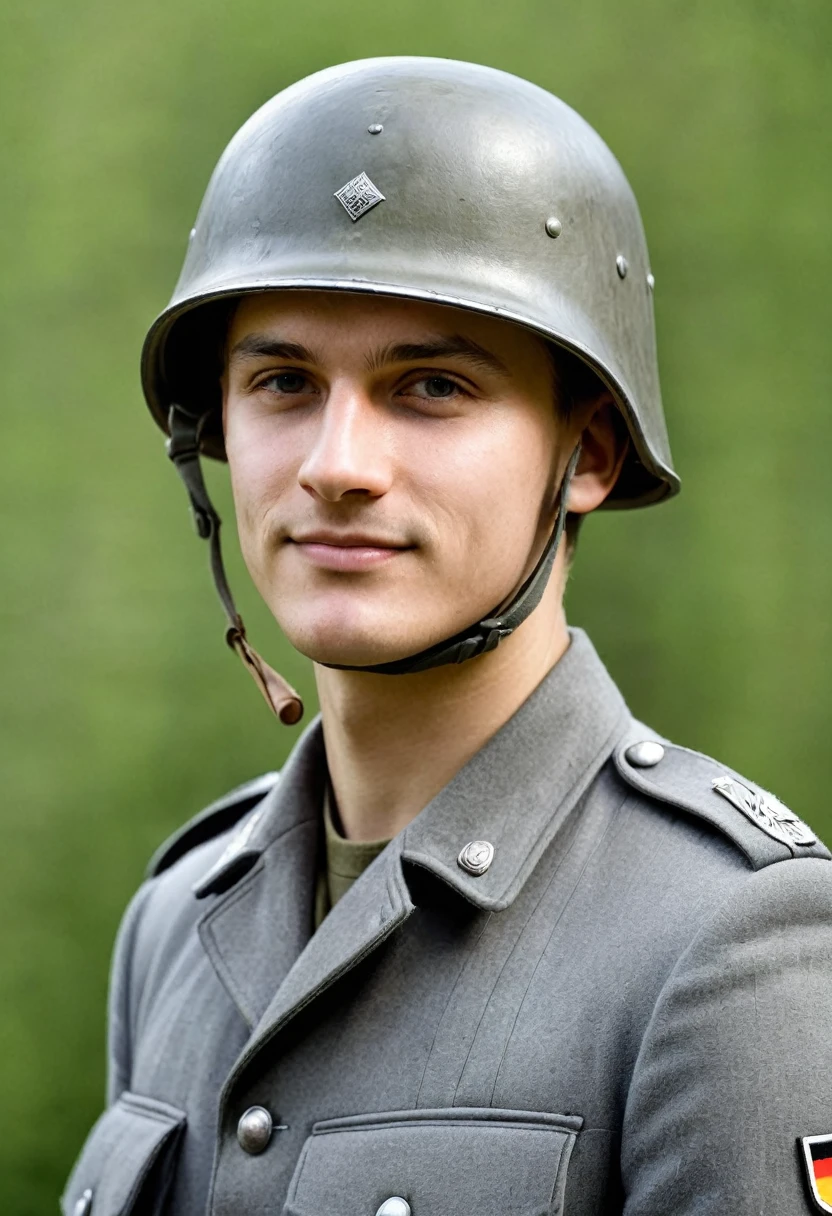 German man wearing grey German military uniform、A friendly young German man wearing a bare, realistic Stahlhelm