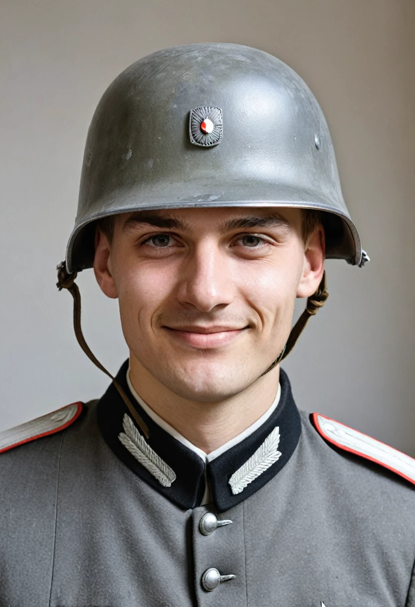 German man wearing grey German military uniform、A friendly young German man wearing a bare, realistic Stahlhelm