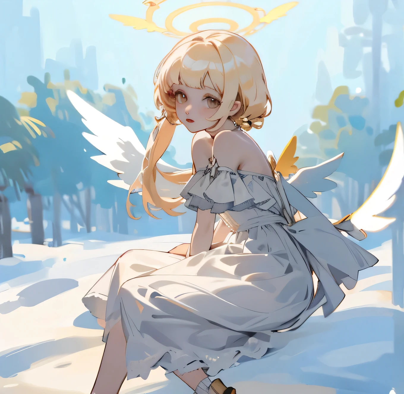 (high quality) (best quality) (a woman) (correct physiognomy) Woman, white hair with bangs on her forehead, four small angel wings coming out of her head, two on the left side and two on the right side, two angel wings coming out of her back, a golden halo behind her head, golden eyes, tender lips, middle age, white dress with straps on the shoulders, skirt cut diagonally leaving one leg exposed, location of the photo the woman must be in middle of the forest, photo lighting sunlight, full body proportion, showing in the photo the body from head to torso