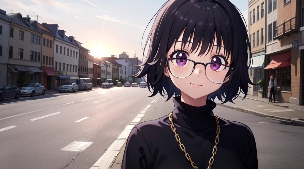 1girl, (masterpiece:1.3), (high resolution), (8K), (extremely detailed), (4k), (pixiv), perfect face, nice eyes and face, (best quality), (super detailed), detailed face and eyes, (solo), textured skin, absurdres, highres, shizukuwz, glasses, pants, jeans, black hair, short hair, (diamond necklace:1.0), long sleeves, turtleneck, black sweater, purple eyes, inverted cross, pov, selfie, smile, nature, city, sunlight,