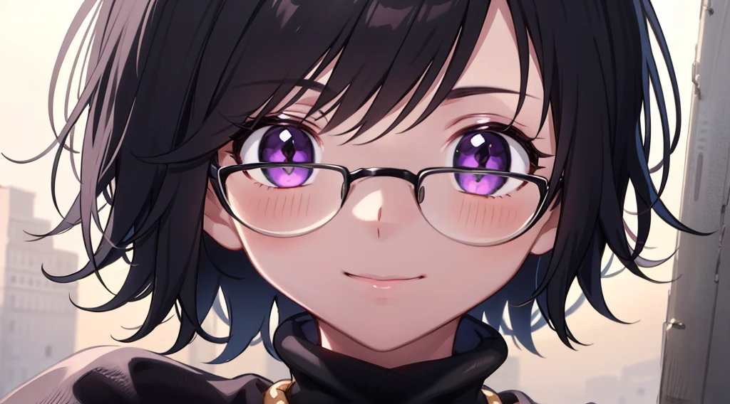 1girl, (masterpiece:1.3), (high resolution), (8K), (extremely detailed), (4k), (pixiv), perfect face, nice eyes and face, (best quality), (super detailed), detailed face and eyes, (solo), textured skin, absurdres, highres, shizukuwz, glasses, pants, jeans, black hair, short hair, (diamond necklace:1.0), long sleeves, turtleneck, black sweater, purple eyes, inverted cross, pov, selfie, smile, nature, city, sunlight,