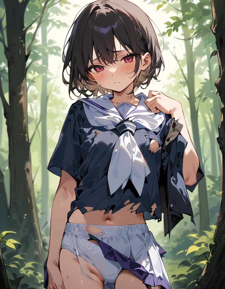 beautiful detailed girl,(masterpiece,best quality,extremely detailed:1.2),((cowboy shot:1.1)),(solo,10 years old,kawaii,slender,small breasts:1.25),(pained look:0.8),((white underwear) in ((Torn school uniform)):2),(dirty:2),blush,shy,weep,standing,(deep forest:1.5),(hug:0.4),rating: general, newest,Sexy face,(primitive:1.1)