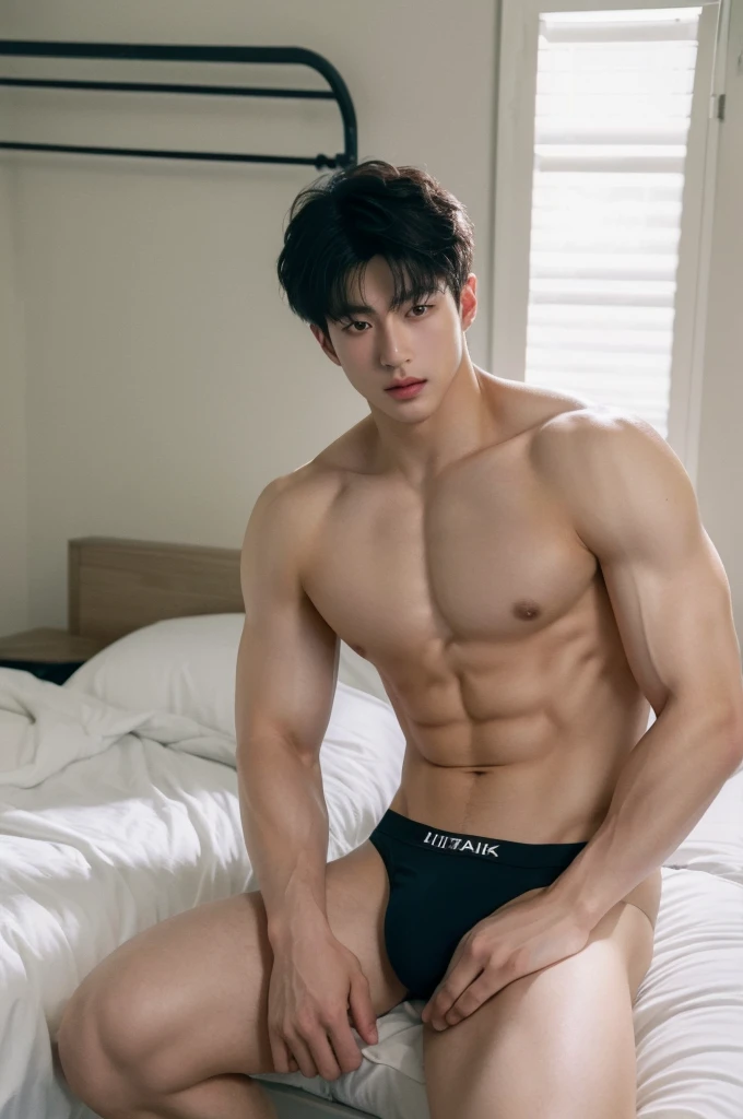 (best quality:1.4), (ultra highres:1.2), (photorealistic:1.4), (8k, RAW photo:1.2), Realistic handsome Japanese guy, muscle, fit, 18 years old, with black hair, shirtless, topless, wear jockstrap underwear, briefs, white underwear, bedroom