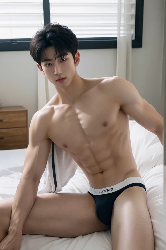 (best quality:1.4), (ultra highres:1.2), (photorealistic:1.4), (8k, RAW photo:1.2), Realistic handsome Japanese guy, muscle, fit, 18 years old, with black hair, shirtless, topless, wear jockstrap underwear, briefs, white underwear, bedroom