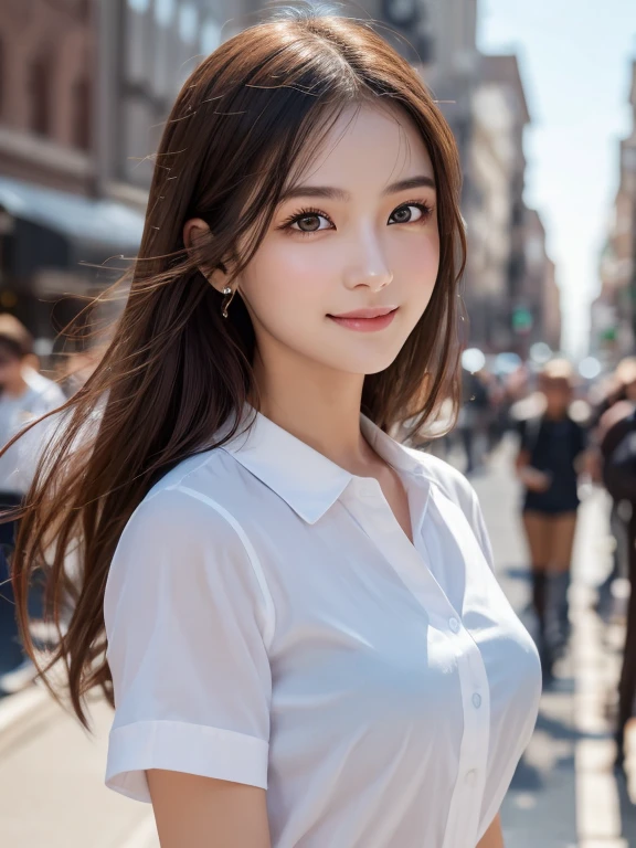 masterpiece, highest quality, 8k, disorganized person, (Upper Body:1.4), White shirt, Beautiful girl, Beautiful face, Looking at the audience, smile, Ultra-realistic, High resolution, picture, The focus was clear, High resolution, Face Light, Dynamic Lighting, Cinema Lighting, Professional Shadow, Beautiful cityscape background, Best details, Very detailed, Very detailed, Finely detailed, Real Skin, Delicate facial features, Detailed face and eyes, Sharp pupils、Realistic students