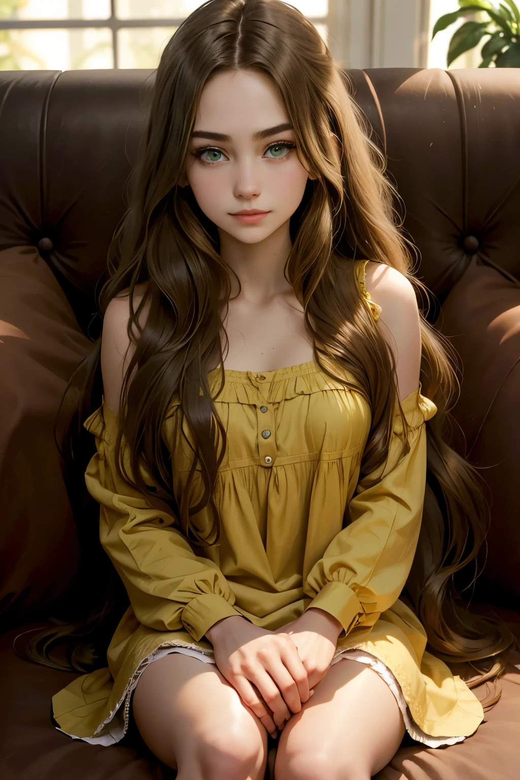 18 years , brown , long hair , green eyes, 1 Girl , elegant , beautiful , slim ,  , smirk , couch , front , ambient light , Sundress