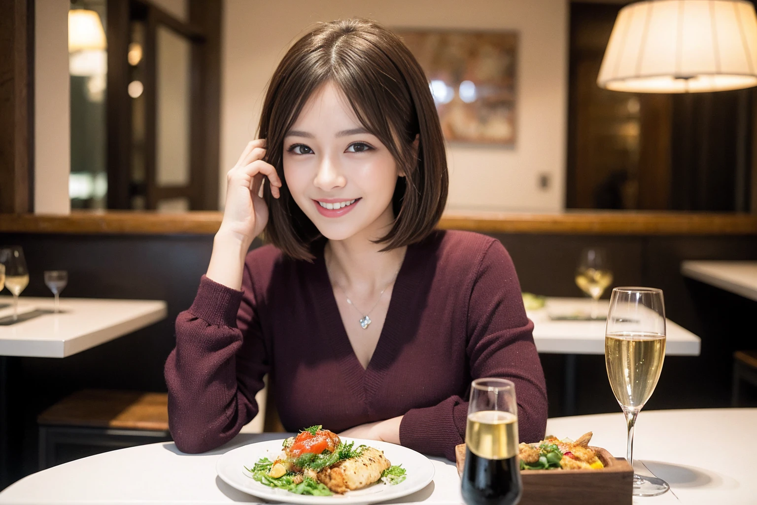 ((highest quality、8k、masterpiece:1.3))、1 male 1 female、spouse、Lovers、Beautiful couple、The body is slim、テーブルの上のwine glass、Facial lighting、 Amazing view of the sunset sky and clouds、full-course dinner、A bright smile、The wonderfulness of smile、Bright image、Beautiful Face, short hair,Bright Face、 (Age 37), 39 years old, red wine 、Appetizers、Italian food、Wine bottle、Champagne、sparkling wine、Two beauties、Brown Hair、Shortcuts、Long sleeve shirt、dress、Pretty Woman 1, (slimな顔), (The body is slim), (Brown Hair), (Shortcuts), cheeks turn a little red,Attractive beauty、restaurant, In a prominent place (From the waist up) Nova Frog Style, actress, model, Upper Body, White wine, slim, wine glass, 中央に置かれたwine glass, smile, (smile: 1.15), Beautiful fine grain, Depth f/2,saturation, High Contrast, Strong light and shadow,Moist Body:1.5、3D texture、Delicate eyes、Brown Hair、The hair is very shiny、