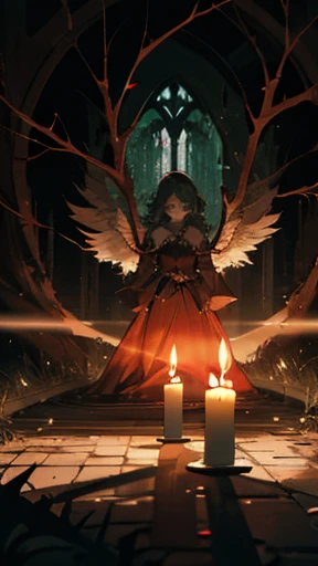 Angels, dim light, green light, many candles, haunting, red wings, mysterious, shadows overlay, briar, thorns, sadness, 