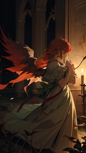 Angels, dim light, green light, many candles, haunting, red wings, mysterious, shadows overlay, briar, thorns, sadness,