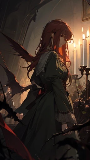 Angels, dim light, green light, many candles, haunting, red wings, mysterious, shadows overlay, briar, thorns, sadness,