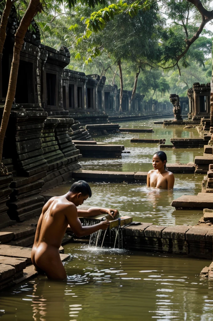 Beautiful Khmer bathing on a stream at Angkor watt