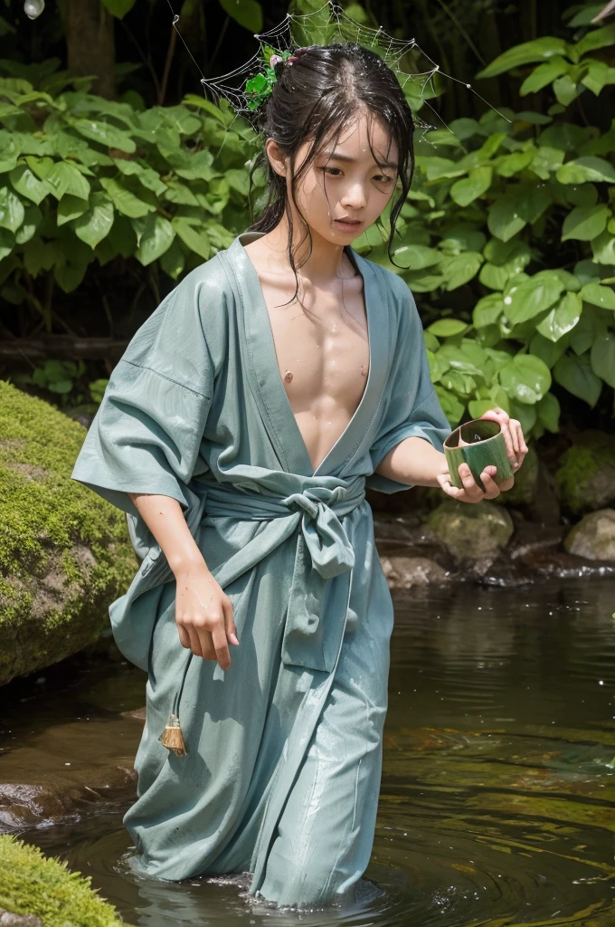 Japanese Yokai、Kappa、Green Skin、Carrying a turtle shell on his back、Dishes on the head、Wet Hairがそれを囲む、There are webs on the hands and feet、Has sharp claws、The background is Japanese rivers and ponds、Overall realistic texture、Carefully drawn down to the last detail、Blending into the natural landscape、Plate on head、Wet Hair