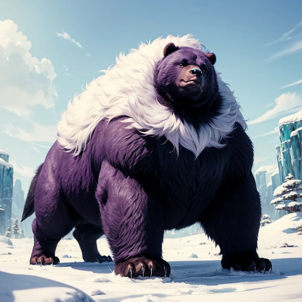 Big Animaly, has purple stripes on his skin, (has long fangs), his body is shaped like a big Bears but his face is like a penguin, Grassroots, Ice background