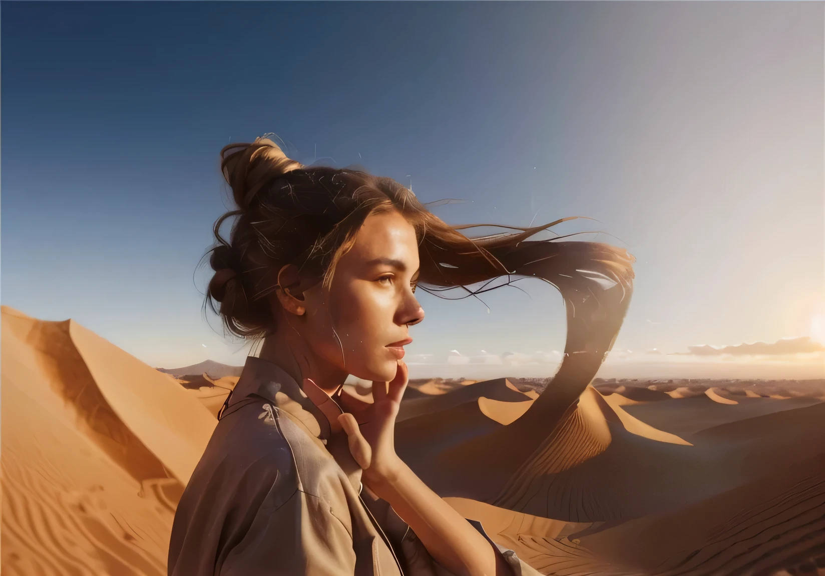 there is a woman with a bun in her hair standing in the desert, by mads berg, artistic. alena aenami, style of alena aenami, inspired by Alena Aenami, low detailed. digital painting, atmospheric portrait, by Daniel Ljunggren, by Vincent Lefevre, gorgeous REALISTIC PHOTOGRAPHY portrait shot, stunning shot