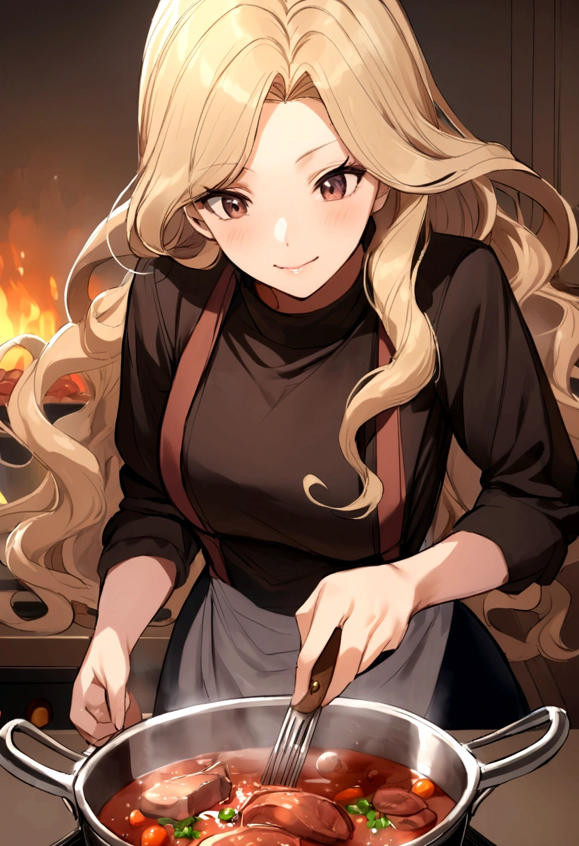 young woman with blonde wavy hair cooking beef bourguignon