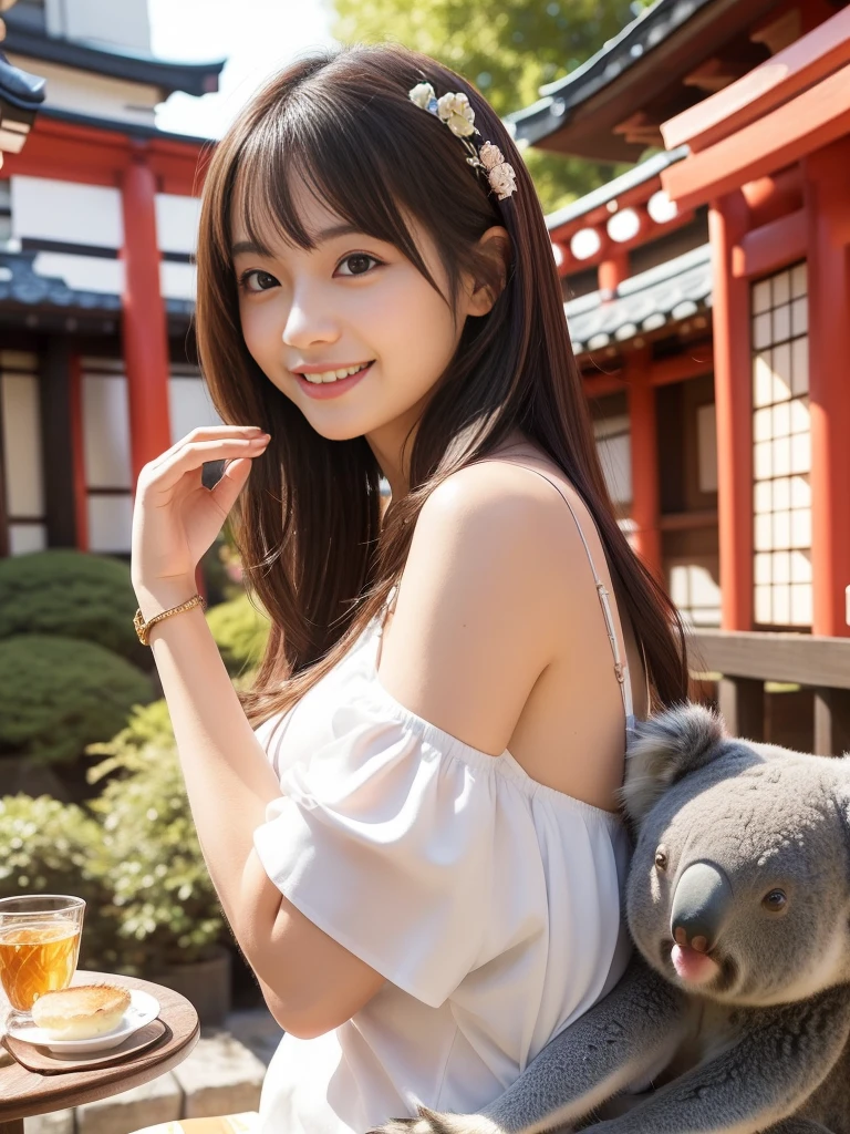 (art by:Super sexy and super cute Japanese Adult Cute:1.5), Daytime in autumn , 1 persons , Cute woman showing her teeth and smiling, Hair color is brown , Hair is semi-long length to the shoulders, Bikini、Super big、sexual excitement、Outside a medieval European-style café , tea parties、(A girl hugging a cute koala bear)、cute little、Cute 、Dolce、fluffly、Dolce、Pale shades