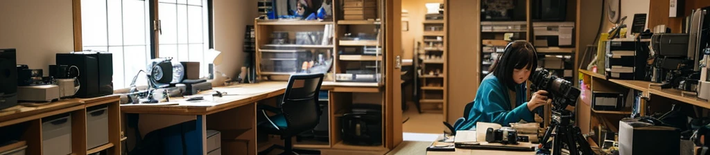 ・There are many cameras and lenses lined up on the shelves. ・A Japanese woman is photographing cameras and lenses at a workbench in the back of the office.