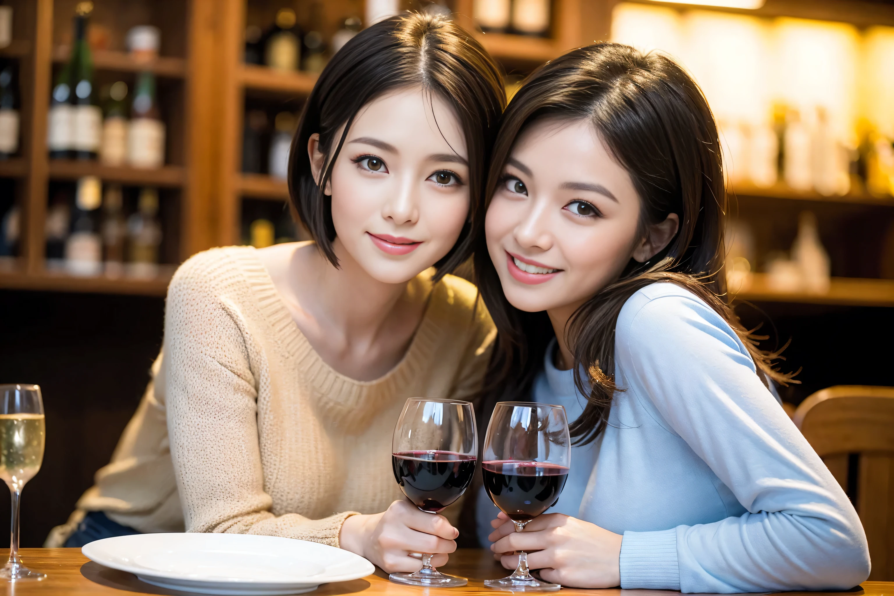 ((highest quality、8k、masterpiece:1.3))、1 male、1 female、spouse、I really like it、Beautiful couple、The body is slim、Wine glass on the table、Facial lighting、full-course dinner、 Amazing view of the sunset sky and clouds、A bright smile、The wonderfulness of smile、Bright image、Beautiful Face, short hair,Bright Face、 (43 years old), 39 years old, red wine 、Appetizers、Italian food、Wine bottle、Champagne、sparkling wine、Two beauties、Brown Hair、Shortcuts、Long sleeve shirt、dress、Pretty Woman 1, (Slim face), (The body is slim), (Brown Hair), (Shortcuts), cheeks turn a little red,Attractive beauty、restaurant, In a prominent place (From the waist up) Nova Frog Style, actress, model, Upper Body, White wine, slim, wine glass, A wine glass placed in the center, smile, (smile: 1.15), Beautiful fine grain, Depth f/2,saturation, High Contrast, Strong light and shadow,Moist Body:1.5、3D texture、Delicate eyes、Brown Hair、The hair is very shiny、