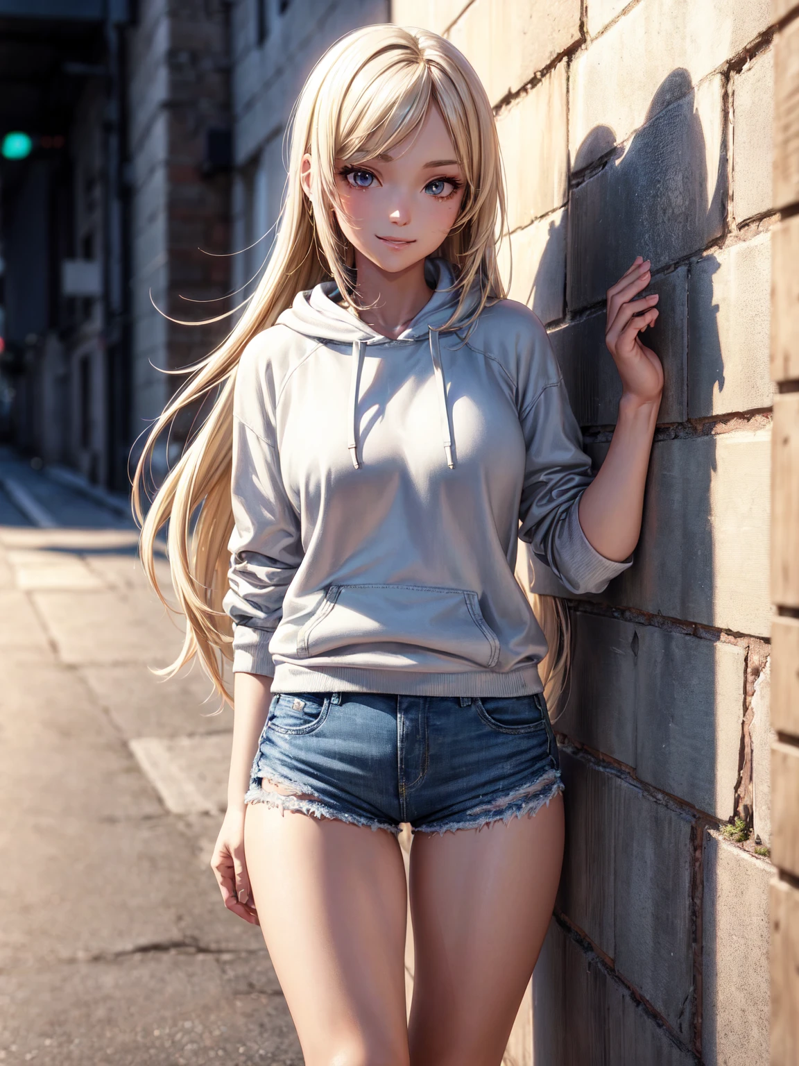 Sexy Western female student, sporty posture, mid-length blond hair, minimal makeup, university hoodie, tight denim shorts, knee-high socks, sneakers,youthful, standing, leaning against a wall, confident smile, soft ambient lighting, clear skin texture, casual and trendy,Detailed face,detailed eyes,detailed nose,detailed mouth,((UHD,masterpiece,super detail,award winning:1.4,best quality:1.2,highres,high quality)),