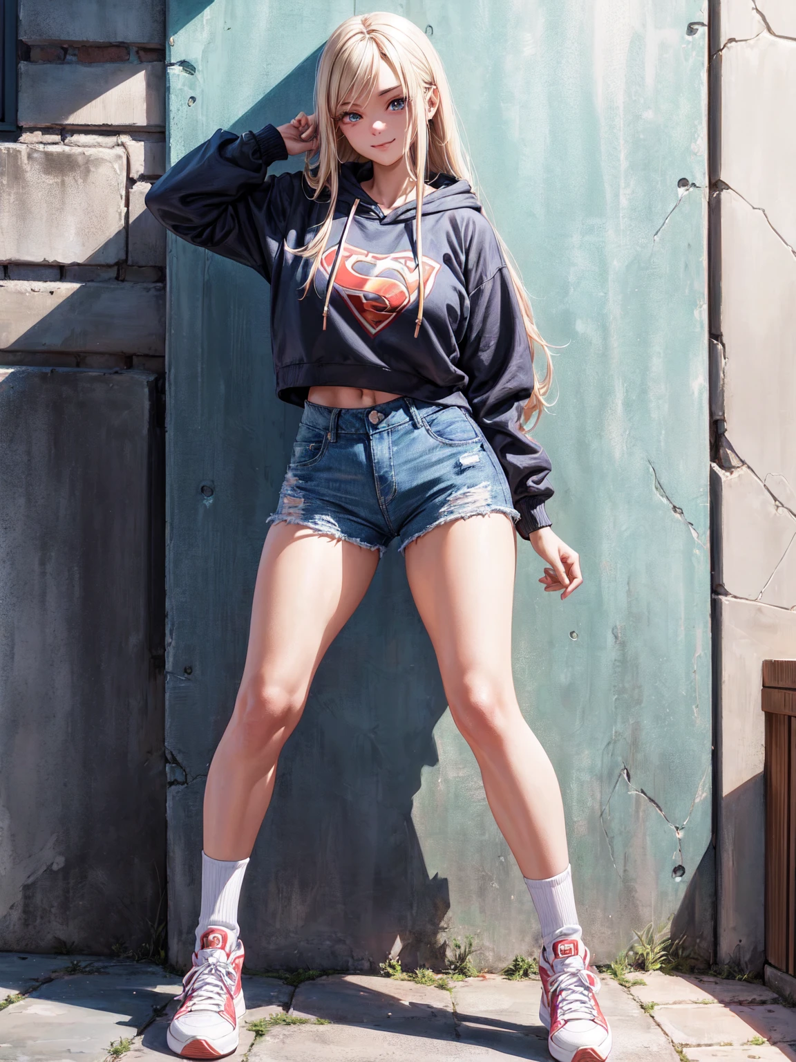 Sexy Western female student, sporty posture, mid-length blond hair, minimal makeup, university hoodie, tight denim shorts, knee-high socks, sneakers,youthful, standing, leaning against a wall, confident smile, soft ambient lighting, clear skin texture, casual and trendy,Detailed face,detailed eyes,detailed nose,detailed mouth,((UHD,masterpiece,super detail,award winning:1.4,best quality:1.2,highres,high quality)),