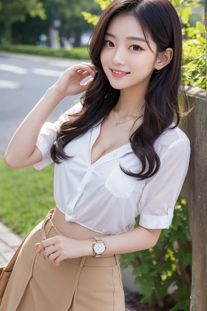 A young Japanese idol-style woman with a small, round face and youthful features. She has natural makeup with a hint of dark lipstick, wearing a confident and slightly mischievous expression. Her hair is black, semi-long straight, and styled with loose waves. She has a short and voluptuous build with fair skin, a slim stomach, and a curvaceous figure. She is wearing a casual but stylish outfit: a fitted white blouse with rolled-up sleeves that shows a subtle cleavage, a black pencil skirt, and comfortable flats. She is accessorized with a simple necklace and a watch. She is standing with one hand in her pocket and the other casually holding a book, looking directly at the viewer with a knowing smile. The background features a quiet urban park with trees and a path. The camera angle is from the front, capturing her full body and the serene atmosphere. The image should be high quality, realistic, and detailed.