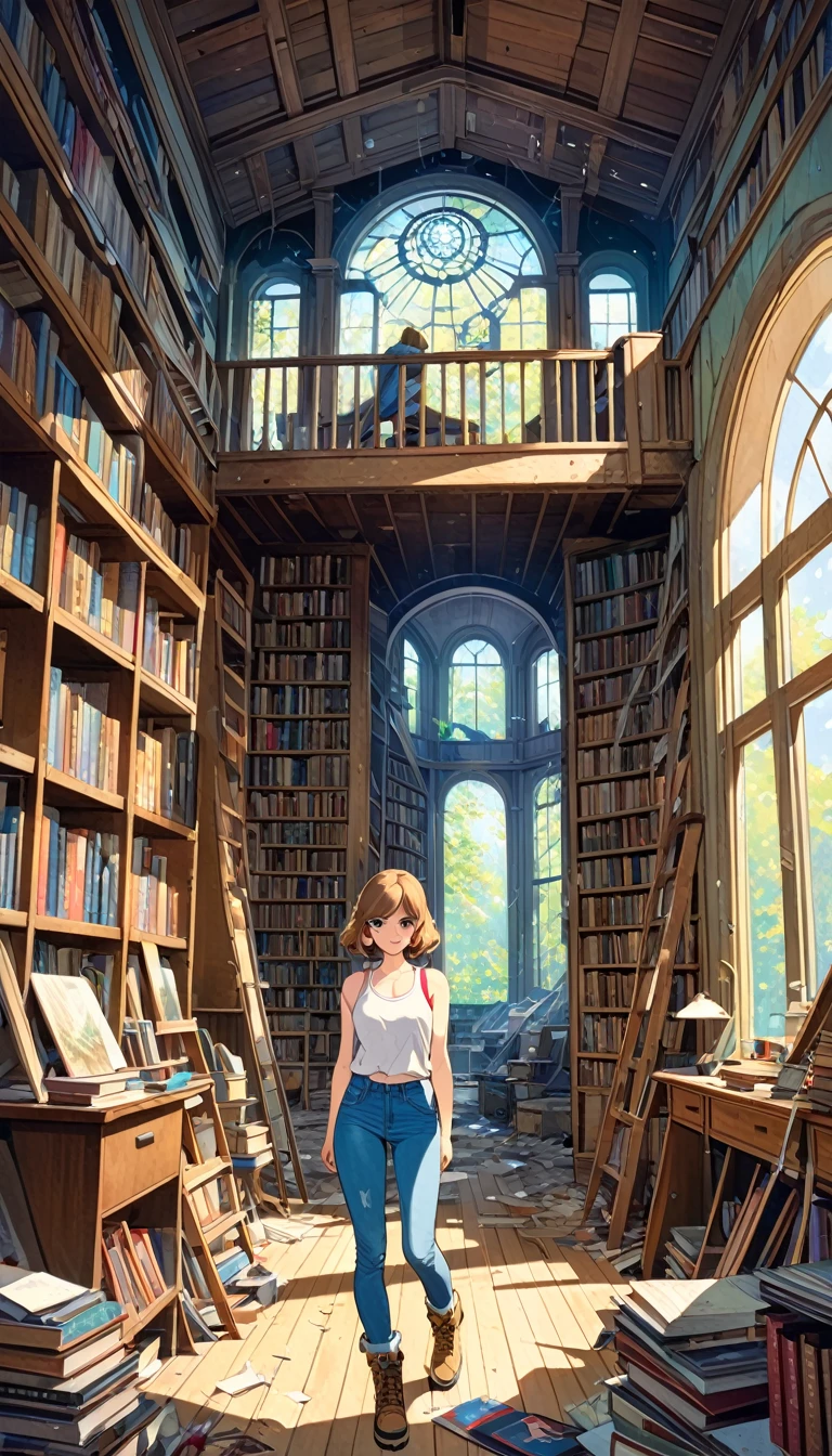 great view of an abandoned library, in it a pretty girl, explorer, exploring a large library room in an abandoned house, jeans and tank top, hiking boots, all old and full of dust and cobwebs, 80s, large library , lots of details (art inspired by Bill Sienkiewicz, colors by Ghibli). oil painting)