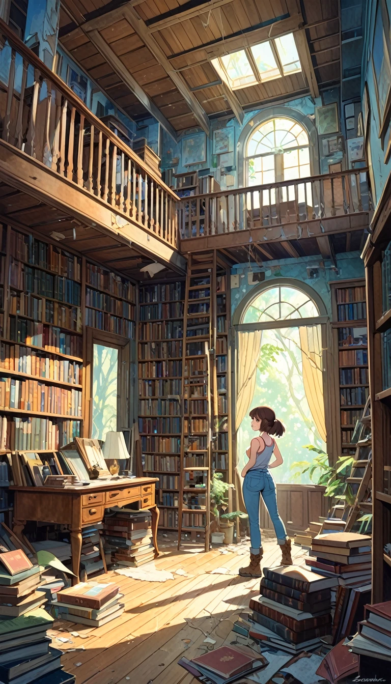great view of an abandoned library, in it a pretty girl, explorer, exploring a large library room in an abandoned house, jeans and tank top, hiking boots, all old and full of dust and cobwebs, 80s, large library , lots of details (art inspired by Bill Sienkiewicz, colors by Ghibli). oil painting)