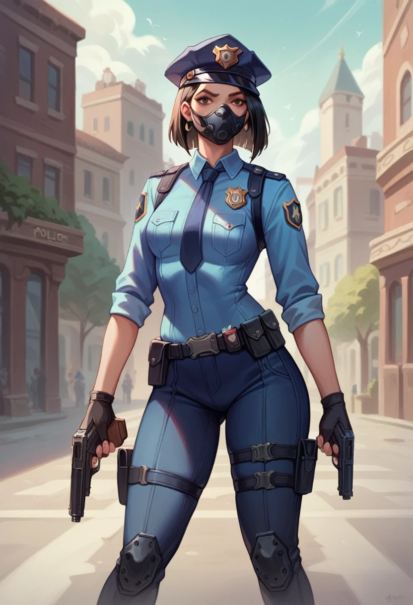 valorant, ((best quality)), ((masterpiece)), (detailed), 1girl,  police female, police suit, holding gun,