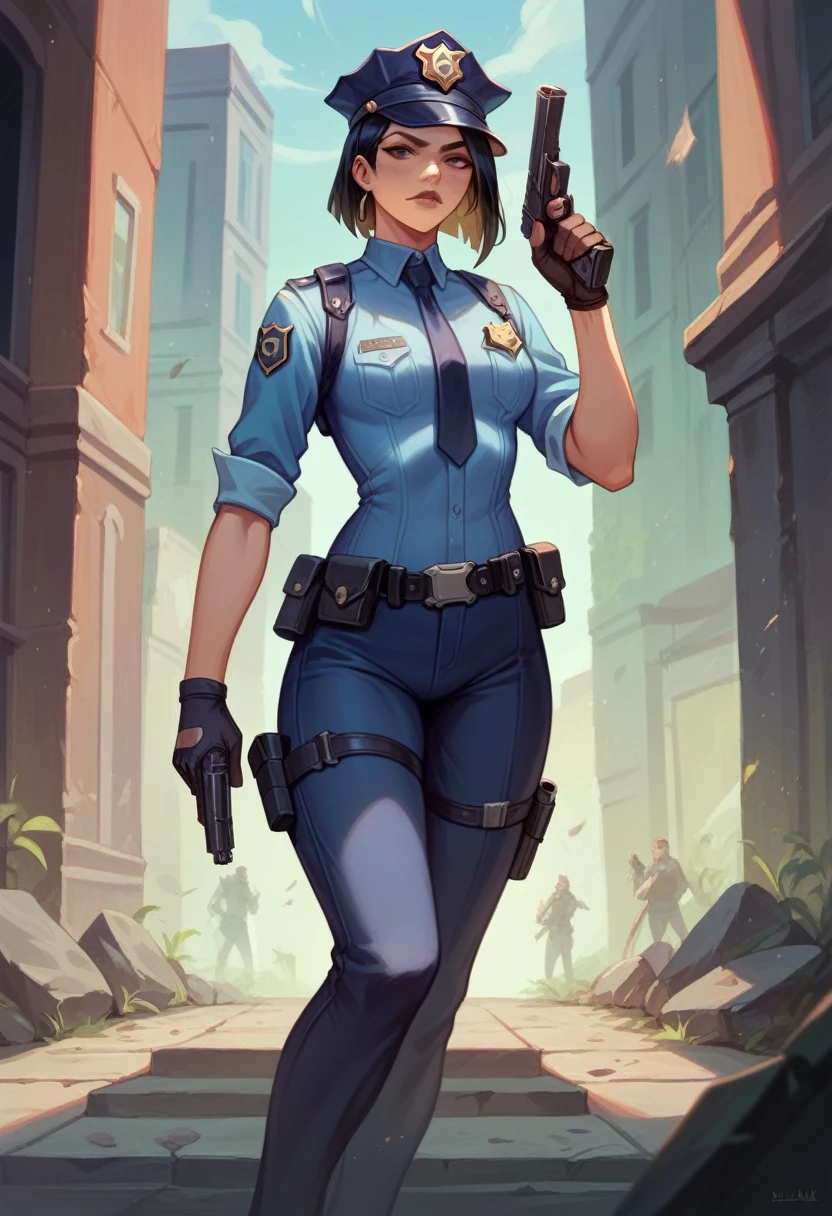 valorant, ((best quality)), ((masterpiece)), (detailed), 1girl,  police female, police suit, holding gun,