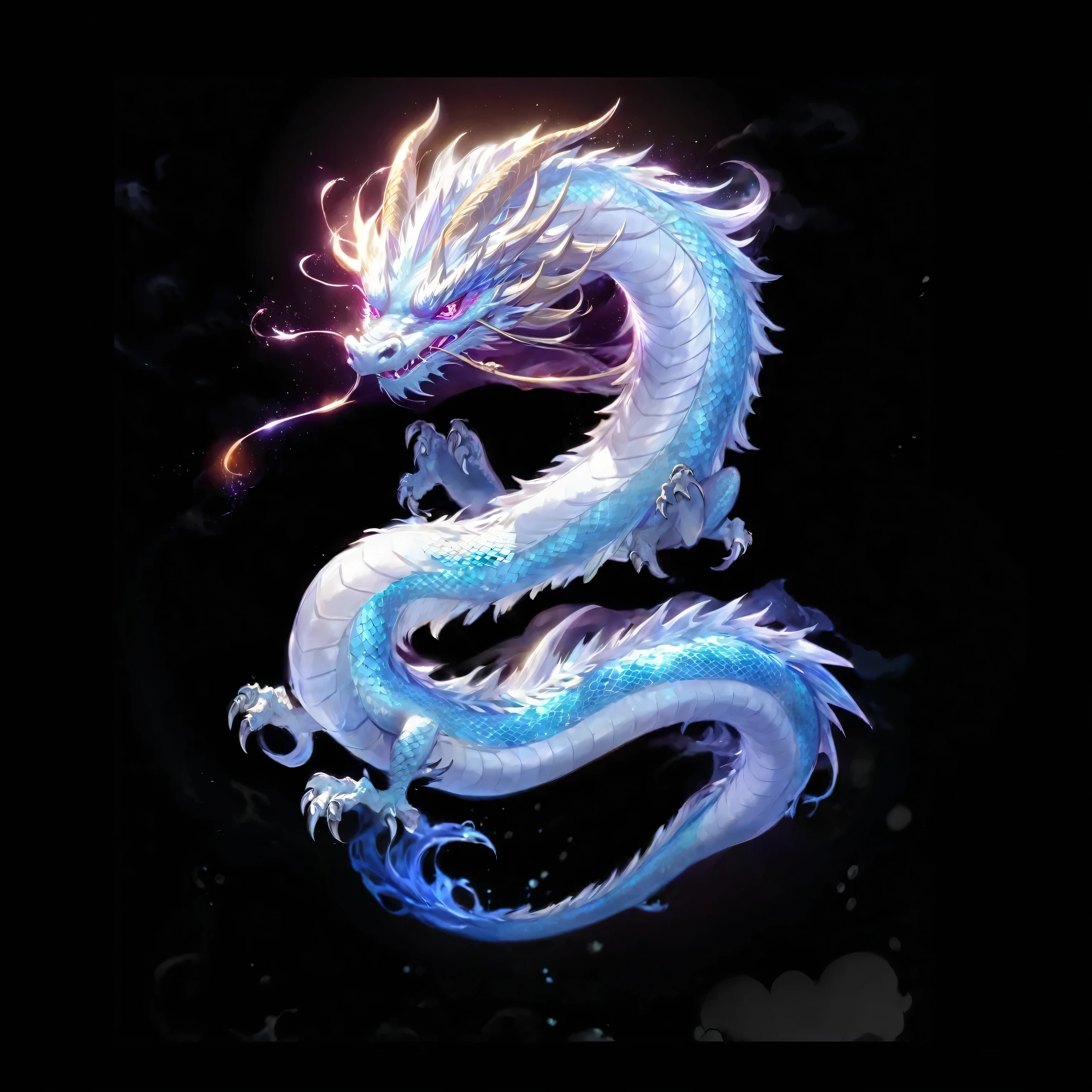Close-up of a dragon with a glowing tail on a black background, cyan Chinese dragon fantasy, Chinese dragon concept art, Crystal Dragon, smooth Chinese dragon, Legendary dragon, dragon, Blue dragon, Water dragon, Chinese dragon, majestic japanese dragon, blue scale dragon, dragon art, Epic giant dragon, Dragon-centered, dragon, Jellyfish Phoenix Dragon