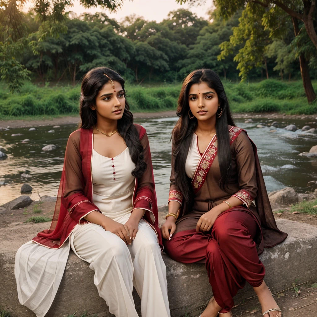 In evening time, Indian brown girl (single girl) age of 21 with black tied hair in red suit and white salwar with red dupatta sitting down tree on the bank of river meeting with simple looking boy of 21 yr