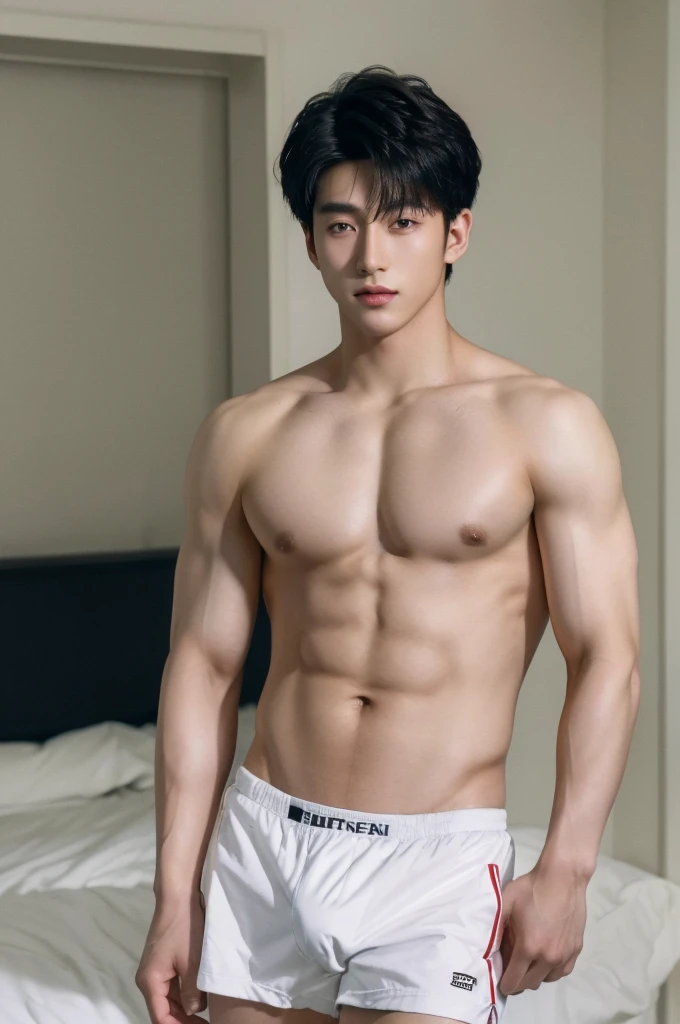 (best quality:1.4), (ultra highres:1.2), (photorealistic:1.4), (8k, RAW photo:1.2), Realistic handsome Japanese guy, muscle, fit, 18 years old, with black hair, shirtless, topless, wear jockstrap underwear, briefs, white underwear, bedroom