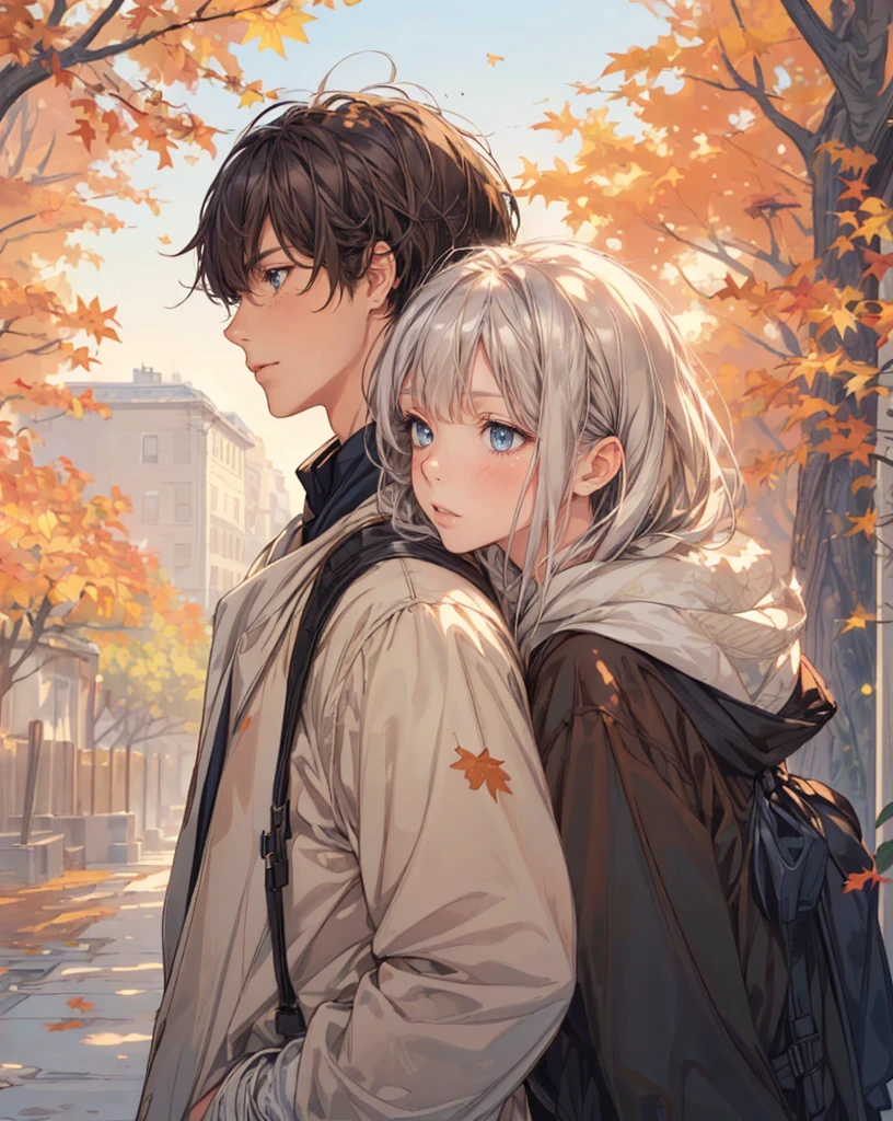 ((masterpiece,best quality)),1girl, bangs, blue eyes, autumn background, branch, ((light brown weavy)) hair girl, ((silver)) hair boy, dappled sunlight, flower, from side, ((modern autumn style)), leaf, (maple leafs blowing around)), obi, outdoors, sash, solo, sunlight, upper body