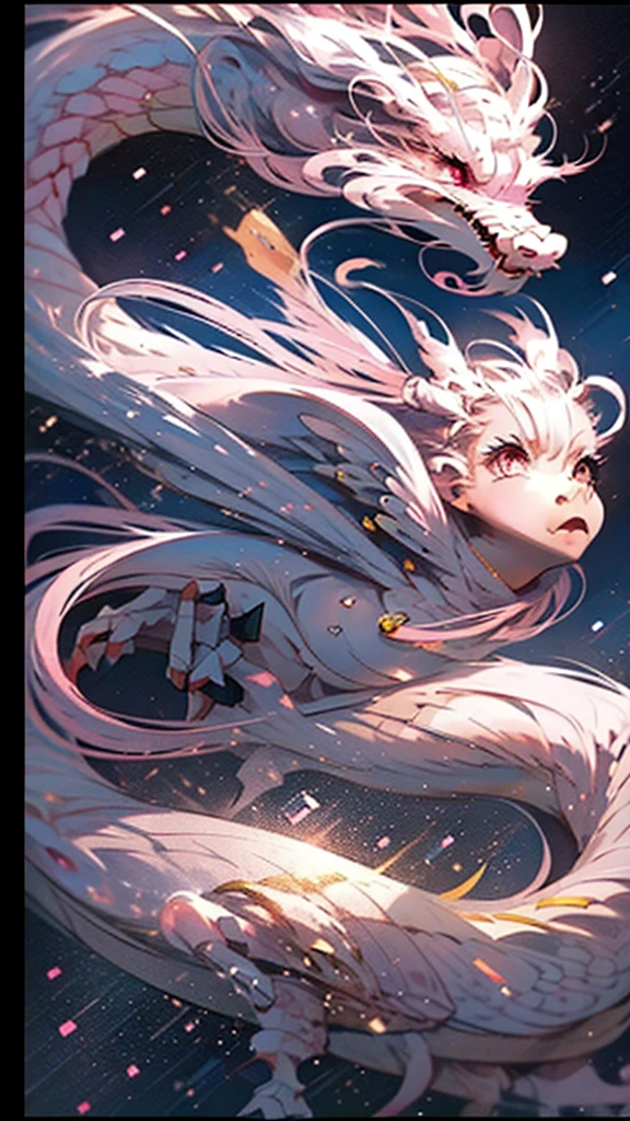 16K超高精細のmasterpiece 、Silver White、Chinese Dragon、Please open your mouth wide、Flying through space and looking down at the Earth、Mysterious、masterpiece, highest quality, High resolution, {Detailed and beautiful eyes}, finely,  Detailed and beautiful eyes,1 Girl, (alone:1.5),  (Hair Ribbon:0.4), Pink Eyes,Cinematic Angles,perspective,(((White bun hair))),(((Long pink hair))),
