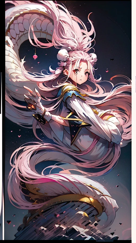 16K超高精細のmasterpiece 、Silver White、Chinese Dragon、Please open your mouth wide、Flying through space and looking down at the Earth、Mysterious、masterpiece, highest quality, High resolution, {Detailed and beautiful eyes}, finely, Detailed and beautiful eyes,1 Girl, (alone:1.5), (Hair Ribbon:0.4), Pink Eyes,Cinematic Angles,perspective,(((White bun hair))),(((Long pink hair))),