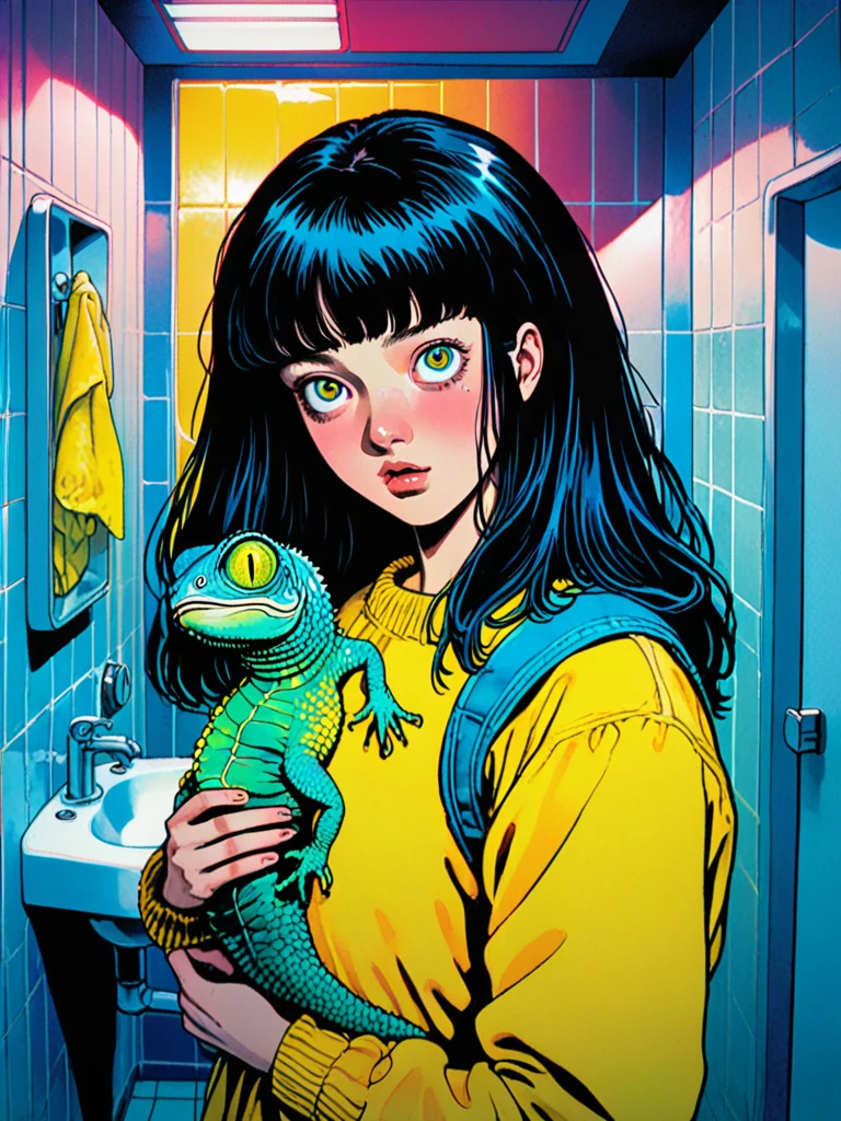 illust、art、from 80s horror movie, directed by Junji Ito、Dim bathroom、Girl holding giant chameleon fetus、Overaction、Overreaction、Acting frightened、high detail, realsitic shadow、Analog style, vhs style, 8mm film, chromatic aberration, Dvd screengrab、Blue and yellow gradient